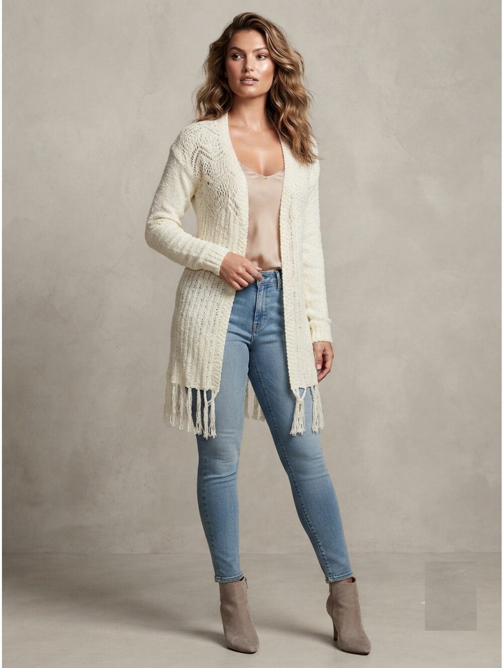 Women's Open-Front Fringe Knit Cardigan Sweater - Cream Long Sleeves XL